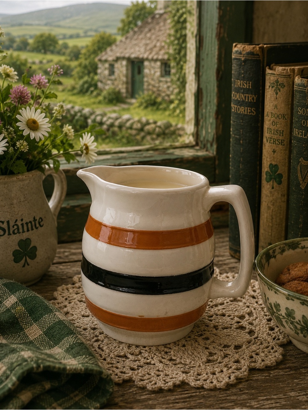 IRISH CARRIGALINE POTTERY- BANDED 1/2 PINT PITCHER